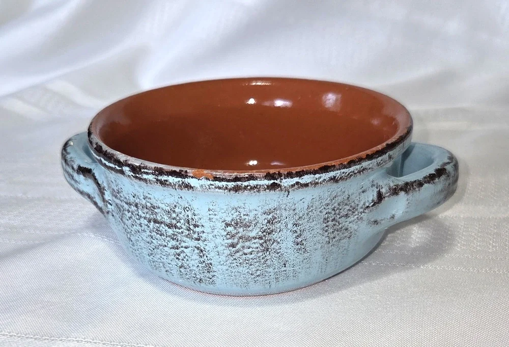 De Silva Terracotta Soup Bowl Blue Orange Handles Italy
